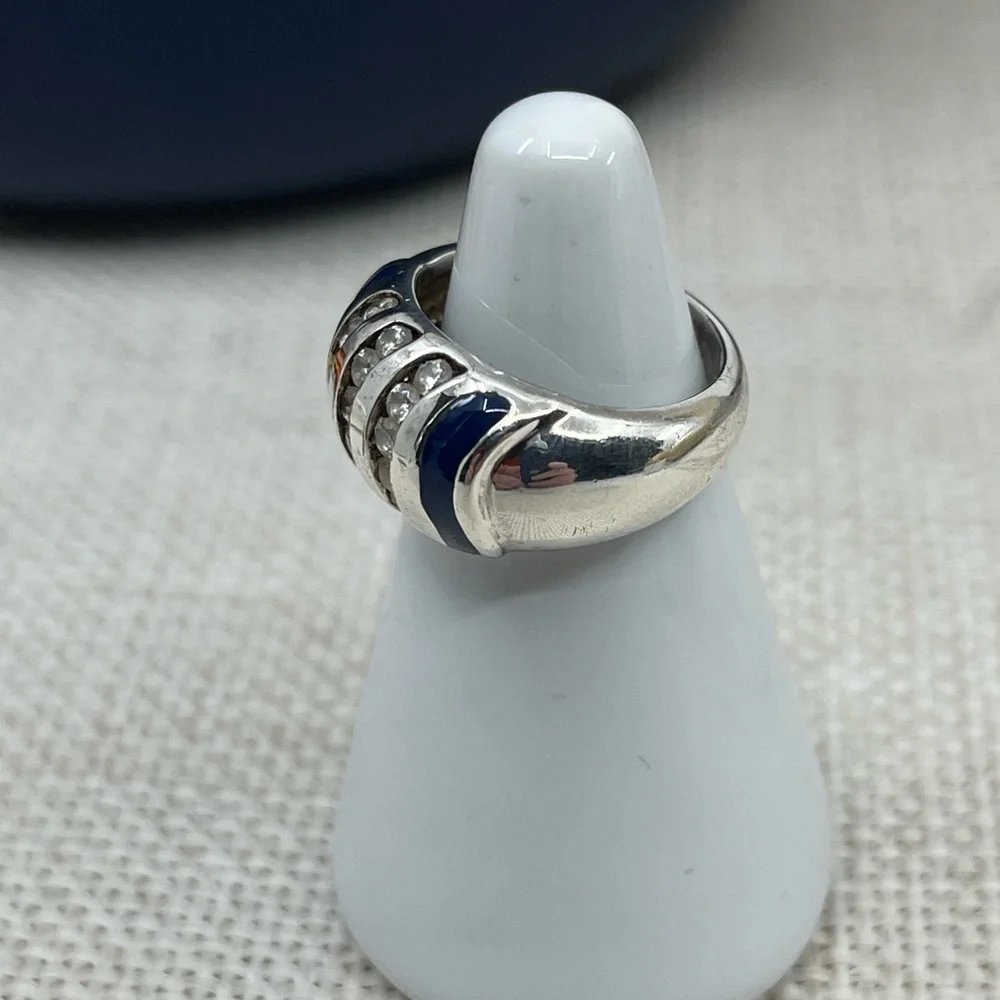 Vintage Sterling Silver Wide Band Ring with Enamel & CZ Accents Size 4.75